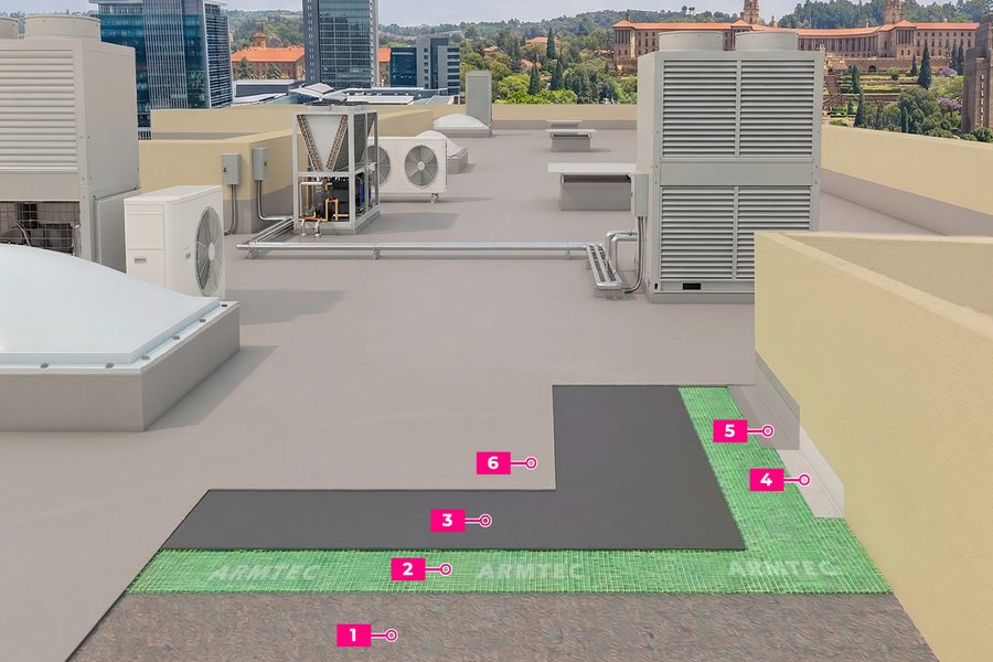 ArmTec HyperFlex reinforced waterproofing system layers on a flat concrete roof