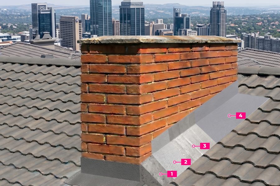 StretchSeal HF system waterproofing a chimney and flashings on a tile roof